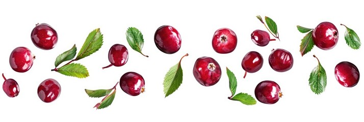 Cranberry Isolated on White Background with Falling Berries and Clipping Path - Set of Ripe Wild Cranberries