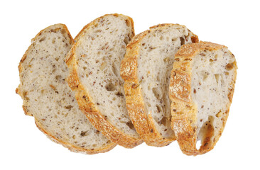 Loaf of bread cut into pieces isolated on a white background. pieces of bread. Art bread.