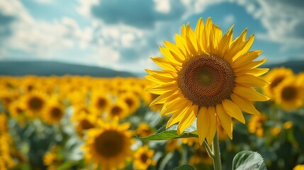 a field of sunflowers with blue skies in the background