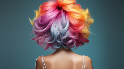 woman with multicolored rainbow-colored hair, the concept of creativity, freedom and independence, a view from the back