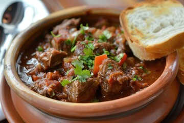 Delicious and Savory Beef Goulash Served in a Bowl with Bread. Perfect for Dinner - obrazy, fototapety, plakaty