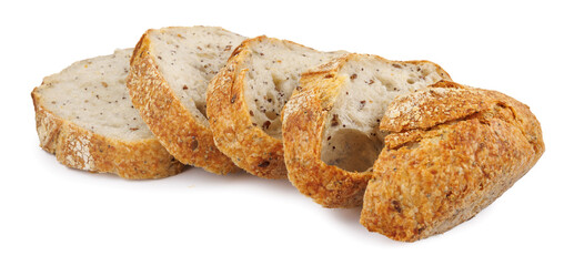 Loaf of bread cut into pieces isolated on a white background. pieces of bread. Art bread.