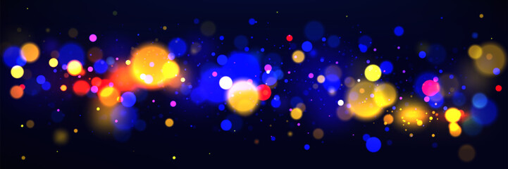 Blue and gold bokeh effect. Realistic vector illustration of abstract blurry sparkle background. Festive bright soft circle flare texture. luxury pattern with blur shine particle and glitter.