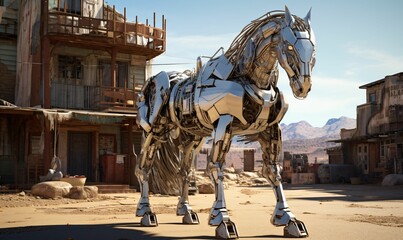AI generated illustration of a metal sculpture of a horse in a standing position