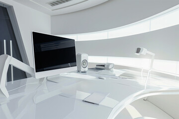AI Generated Image. White workplace with desktop monitor, soundbars, computer mouse and keyboard in futuristic office - 780450611