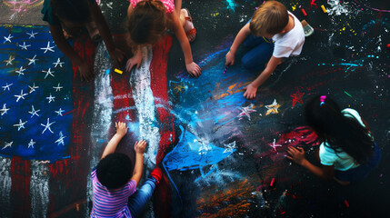Fototapeta na wymiar AI Generated Image. Top view on children drawing chalk American flag on sidewalk