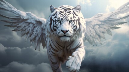 AI generated illustration of a majestic white Bengal tiger with wings soaring through the sky