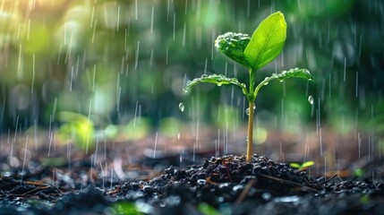 Enviroment Abstract Concept: Warming Climate's Effects on Growing Plants. Raindrops and Watering on Small Green Plant over Cracked Soil - obrazy, fototapety, plakaty