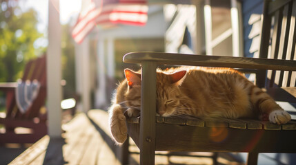 AI generated image. Cat sleeping on a chair and American US flag on a porch on background - 780450832