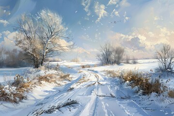 Obraz premium End of Winter Bliss Beautiful Landscape of a Snow Covered Field with Hints of Spring and the End of the Cold Season