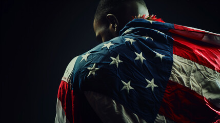 AI Generated Image. Ethnic serious man wrapped in USA American flag - 780450846