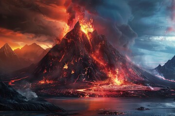 Epic Volcanic Eruption with Fiery Lava Spewing from the Furnace Island - obrazy, fototapety, plakaty