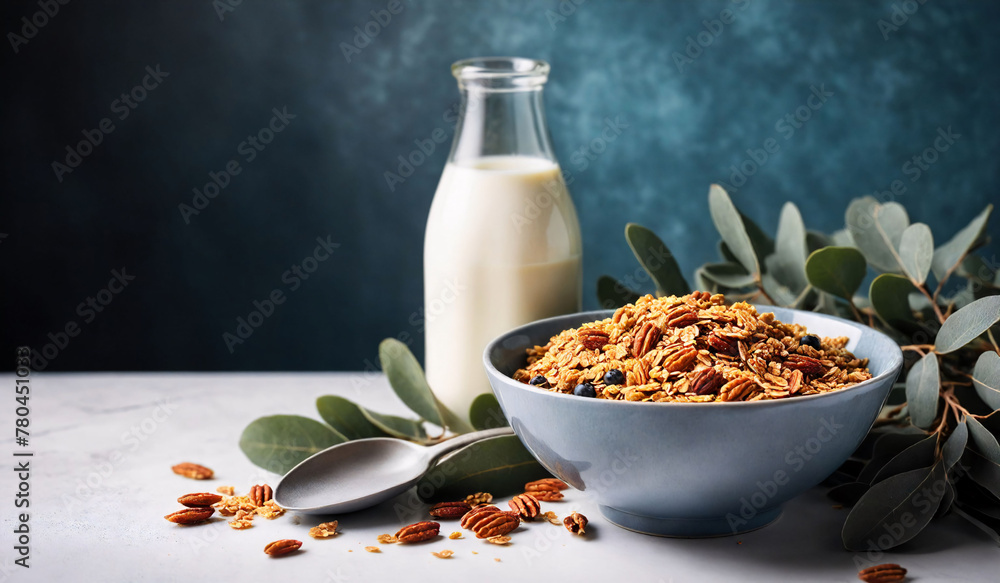 Wall mural a bowl of granola with nuts and milk in front of it