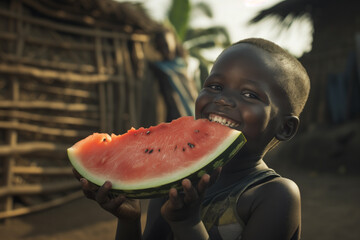 AI Generated Image. Happy African kid in a village eating fresh watermelon - 780451016