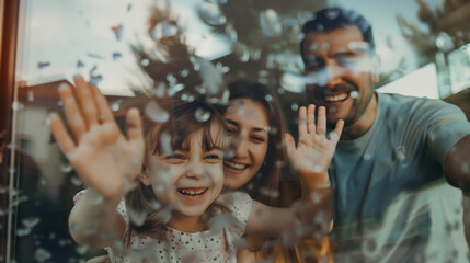 AI Generated Image. Happy family at home behind the window with nature reflection - 780451036