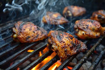Flaming Grilled Chicken Thigh on Charcoal BBQ. The Perfect Smoked Meal for Food Lovers - obrazy, fototapety, plakaty