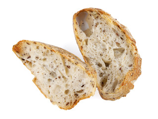 Sliced pieces of bread isolated on a white background. Art bread.