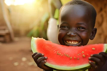 Fototapeten AI Generated Image. Happy African kid in a village eating fresh watermelon © Arman Zhenikeyev