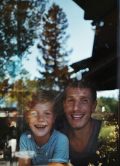 AI Generated Image. Happy father and son at home behind the window with nature reflection - 780451049
