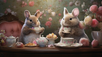 AI generated illustration of adorable bunny rabbits sitting at tea cups with a bright background - obrazy, fototapety, plakaty