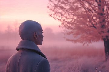 AI Generated Image. Infrared portrait of the contemplative serene bald woman wearing coat in a foggy nature landscape - 780451068