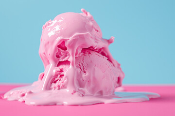AI Generated Image. Rich saturated Pink Ice cream melting on blue background - 780451239