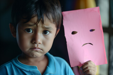 AI Generated Image. Sad boy holding pink paper cut with sad expression on it - 780451241