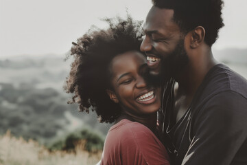 A couple embracing each other, smiling, against a backdrop of a scenic landscape