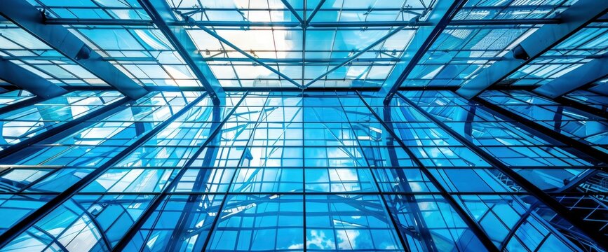 Close up of the ceiling structure, geometric lines, blue background, high resolution, high definition, professional photograph, studio quality, architectural photography