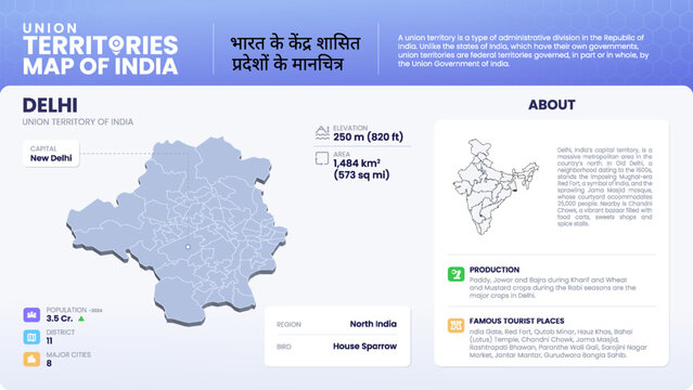 Map of Delhi (India) Showcasing District, Major Cities, Population Data, and Key Geographical Features-Vector Infographic Design