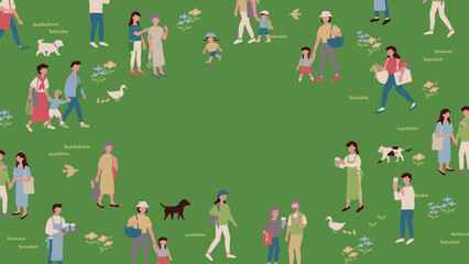 Vector illustration of a family, man and woman on holiday. 休日のおでかけをするファミリーや男性、女性のベクターイラスト素材