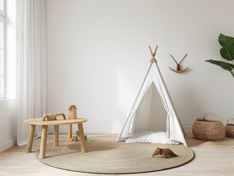Children's playroom with tent and table sitting on a white wall,doll.