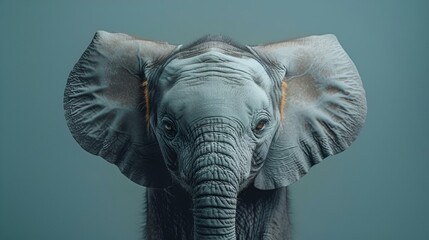 Young elephant in a light blue setting, AI-generated. - obrazy, fototapety, plakaty