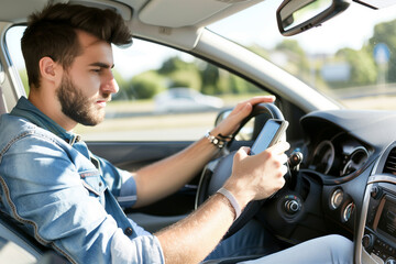 man is driving the car and texting with a mobile phone - obrazy, fototapety, plakaty