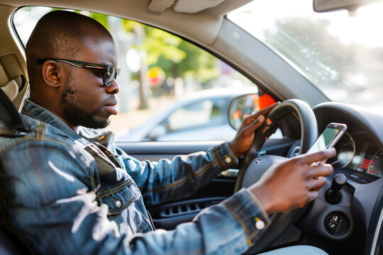 man is driving the car and texting with a mobile phone