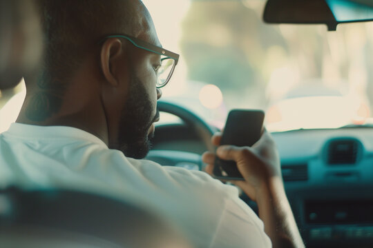 man is driving the car and texting with a mobile phone