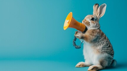 A crazy, cute easter bunny with a megaphone on pestle blue background - obrazy, fototapety, plakaty