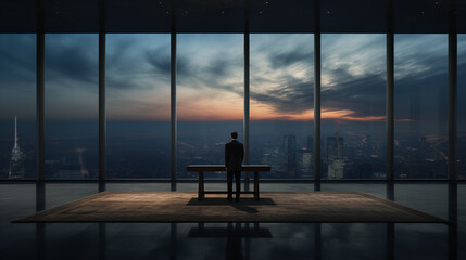 AI generated illustration of A man at a desk overlooking the cityscape