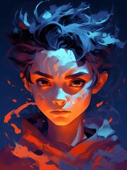 AI generated illustration of a boy portrait in vibrant orange and blue watercolor