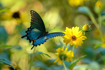A vibrant blue butterfly with delicate, spread wings lands gracefully on a bright yellow flower amidst a lush green backdrop, showcasing the intricate dance of nature&rsquo;s beauty