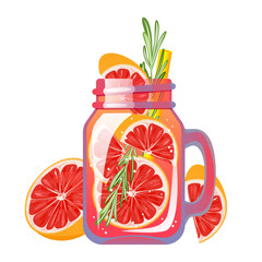 Cocktail with grapefruit. A refreshing drink in a can with juicy grapefruit. Summer juice with grapefruit. Smoothie with fresh fruit. Grapefruit lemonade.Vector illustration.
