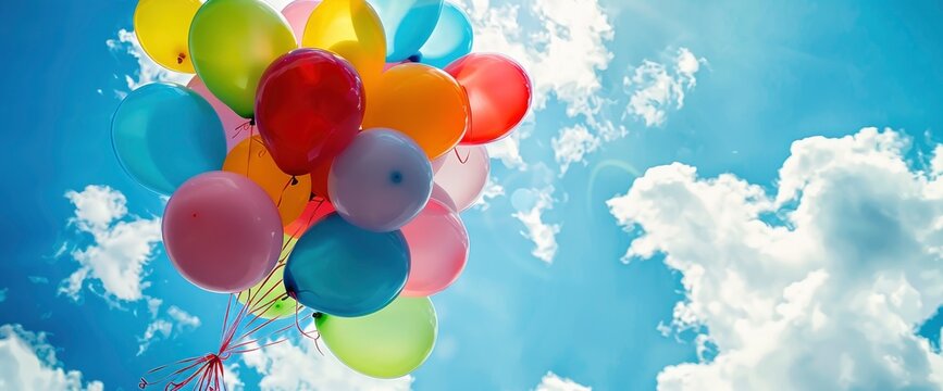 Colorful balloons flying in the sky, colorful balloon bouquet in front of blue sky with white clouds, commercial photography, closeup shot, high resolution, high quality