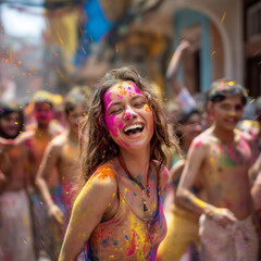 Indian woman among colorful powder - 780452601