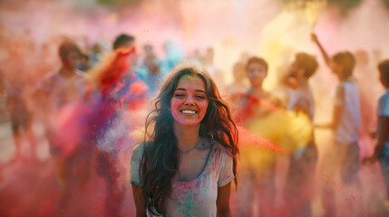 Indian woman among colorful powder - 780452631