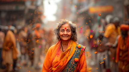 Portrait of mature Indian woman among colorful powder - 780452661