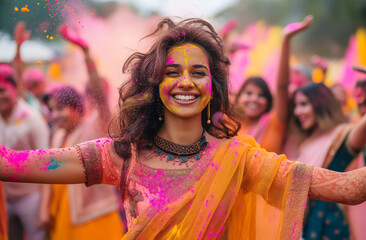 Indian woman dancing among colorful powder - 780452688