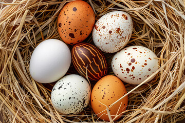 Naklejka na ściany i meble Variety of Colorful Eggs Nestled in Straw Nest