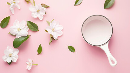 A white saucepan filled with delicate apple blossoms against a minimalistic pink background, depicting spring in the kitchen