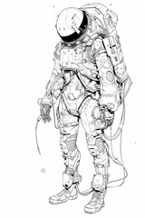 an ink drawing of a man in a space suit with a bag