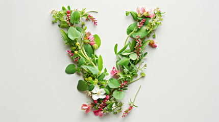 An array of pink and green flora artfully arranged to create the letter V